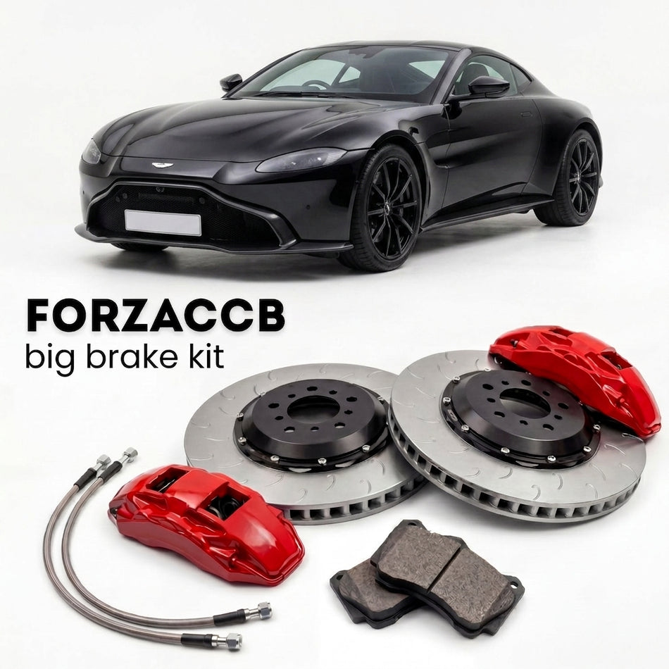 Black Aston Martin Vantage (2018+) shown above a ForzaCCB iron rotor big brake kit with 2x red 6-piston front calipers, 2x two-piece floating ventilated brake discs 380 mm, set of brake pads, and brake lines.