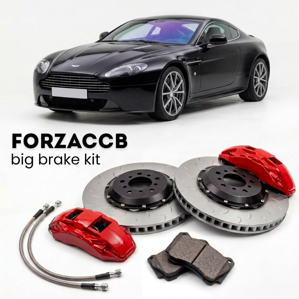 Black Aston Martin Vantage VH (2005-2017) shown above a ForzaCCB iron rotor big brake kit with 2x red 6-piston front calipers, 2x two-piece floating ventilated brake discs 380 mm, set of brake pads, and brake lines.