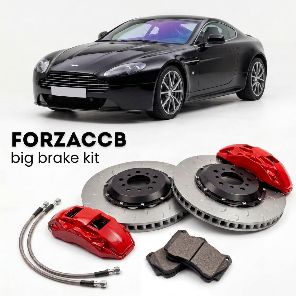 Black Aston Martin Vantage VH (2005-2017) shown above a ForzaCCB iron rotor big brake kit with 2x red 6-piston front calipers, 2x two-piece floating ventilated brake discs 380 mm, set of brake pads, and brake lines.