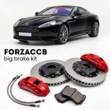 Black Aston Martin Virage VH (2011-2012) shown above a ForzaCCB iron rotor big brake kit with 2x red 6-piston front calipers, 2x two-piece floating ventilated brake discs 380 mm, set of brake pads, and brake lines.