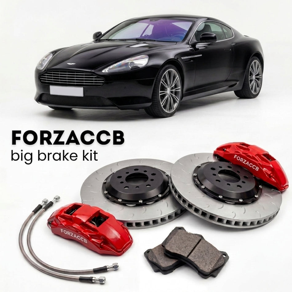 Black Aston Martin Virage VH (2011-2012) shown above a ForzaCCB iron rotor big brake kit with 2x red 6-piston front calipers, 2x two-piece floating ventilated brake discs 380 mm, set of brake pads, and brake lines.