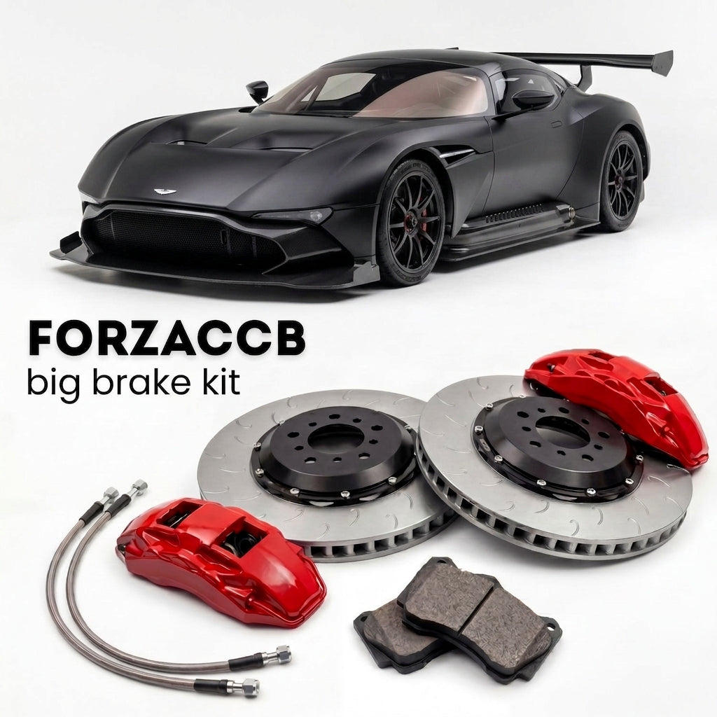 Black Aston Martin Vulcan (2015-2016) shown above a ForzaCCB iron rotor big brake kit with 2x red 6-piston front calipers, 2x two-piece floating ventilated brake discs 380 mm, set of brake pads, and brake lines.