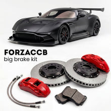 Black Aston Martin Vulcan (2015-2016) shown above a ForzaCCB iron rotor big brake kit with 2x red 6-piston front calipers, 2x two-piece floating ventilated brake discs 380 mm, set of brake pads, and brake lines.