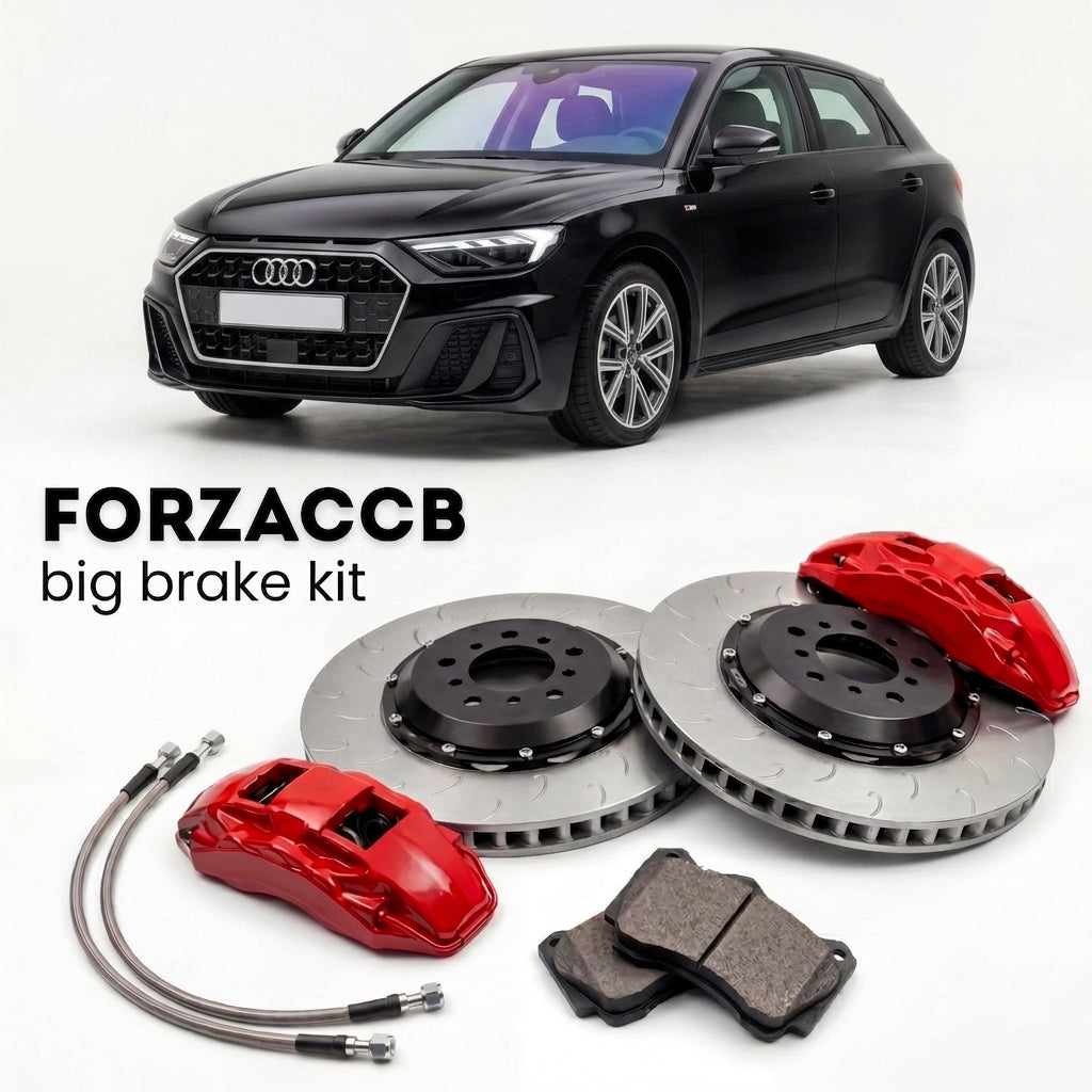 Black Audi A1 GB (2019+) shown above a ForzaCCB iron rotor big brake kit with 2x red 6-piston front calipers, 2x two-piece floating ventilated brake discs 380 mm, set of brake pads, and brake lines.