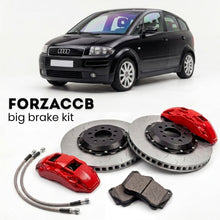 Black Audi A2 8Z (1999-2006) shown above a ForzaCCB iron rotor big brake kit with 2x red 6-piston front calipers, 2x two-piece floating ventilated brake discs 380 mm, set of brake pads, and brake lines.