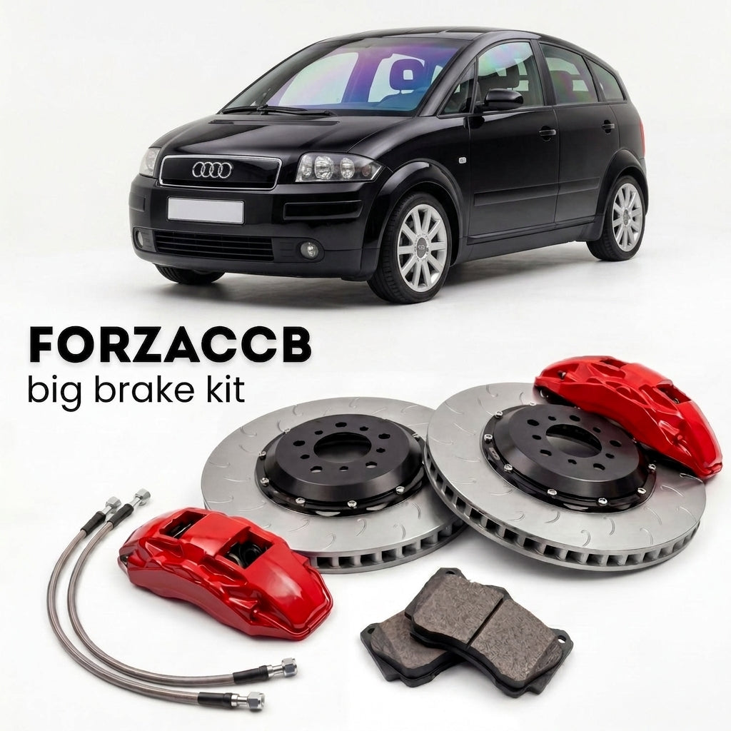 Black Audi A2 8Z (1999-2006) shown above a ForzaCCB iron rotor big brake kit with 2x red 6-piston front calipers, 2x two-piece floating ventilated brake discs 380 mm, set of brake pads, and brake lines.