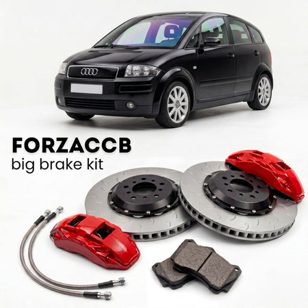 Black Audi A2 8Z (1999-2006) shown above a ForzaCCB iron rotor big brake kit with 2x red 6-piston front calipers, 2x two-piece floating ventilated brake discs 380 mm, set of brake pads, and brake lines.