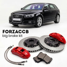 Black Audi A3 8P (2003-2013) shown above a ForzaCCB iron rotor big brake kit with 2x red 6-piston front calipers, 2x two-piece floating ventilated brake discs 380 mm, set of brake pads, and brake lines.