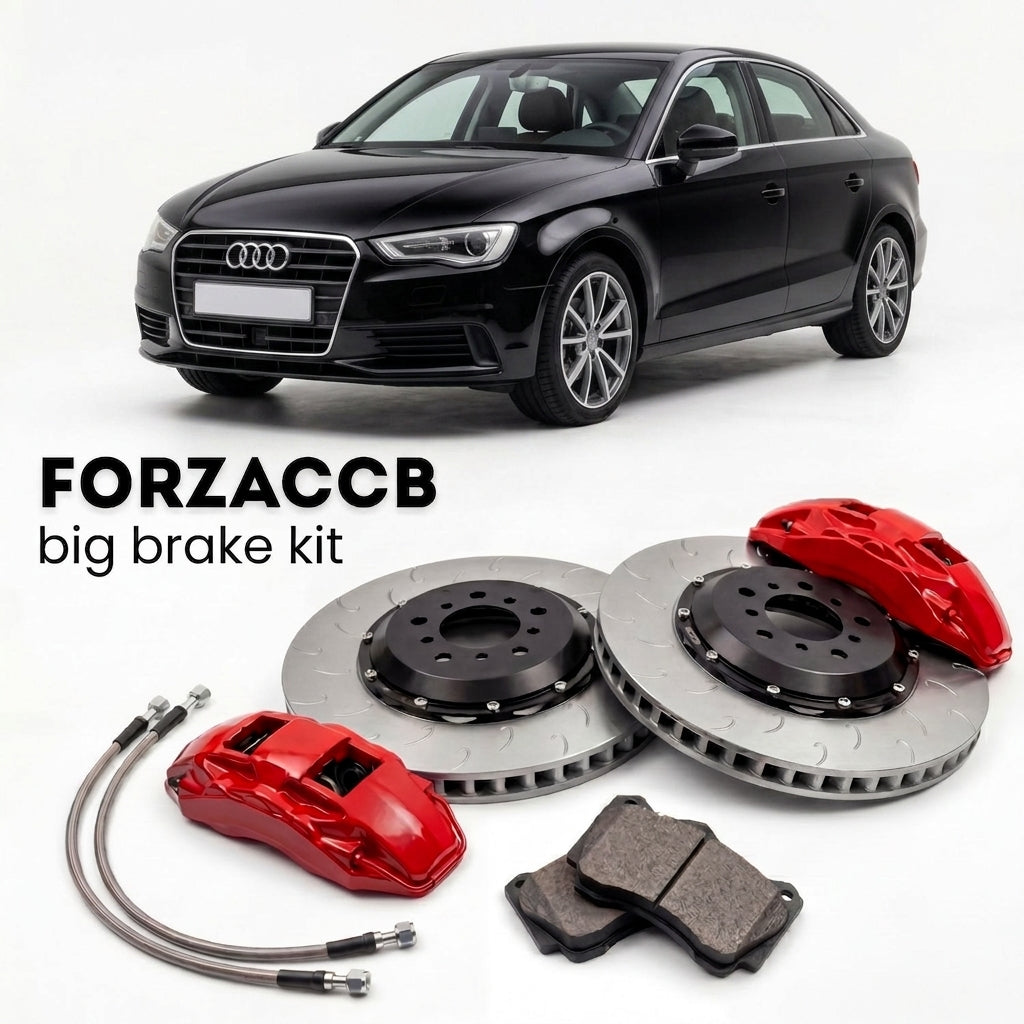 Black Audi A3 8V (2012-2020) shown above a ForzaCCB iron rotor big brake kit with 2x red 6-piston front calipers, 2x two-piece floating ventilated brake discs 380 mm, set of brake pads, and brake lines.