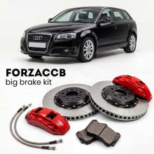 Black Audi A3 Sportback 8P (2003-2013) shown above a ForzaCCB iron rotor big brake kit with 2x red 6-piston front calipers, 2x two-piece floating ventilated brake discs 380 mm, set of brake pads, and brake lines.