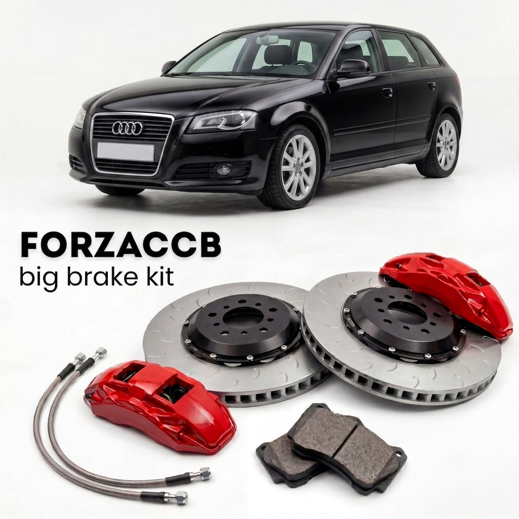 Black Audi A3 Sportback 8P (2003-2013) shown above a ForzaCCB iron rotor big brake kit with 2x red 6-piston front calipers, 2x two-piece floating ventilated brake discs 380 mm, set of brake pads, and brake lines.