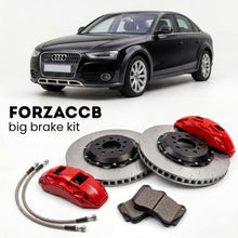 Black Audi A4 allroad quattro B8 (2009-2015) shown above a ForzaCCB iron rotor big brake kit with 2x red 6-piston front calipers, 2x two-piece floating ventilated brake discs 380 mm, set of brake pads, and brake lines.
