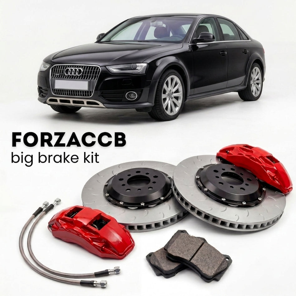 Black Audi A4 allroad quattro B8 (2009-2015) shown above a ForzaCCB iron rotor big brake kit with 2x red 6-piston front calipers, 2x two-piece floating ventilated brake discs 380 mm, set of brake pads, and brake lines.