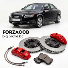 Black Audi A4 B7 (2004-2009) shown above a ForzaCCB iron rotor big brake kit with 2x red 6-piston front calipers, 2x two-piece floating ventilated brake discs 380 mm, set of brake pads, and brake lines.