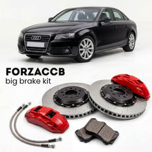 Black Audi A4 B8 (2007-2015) shown above a ForzaCCB iron rotor big brake kit with 2x red 6-piston front calipers, 2x two-piece floating ventilated brake discs 380 mm, set of brake pads, and brake lines.