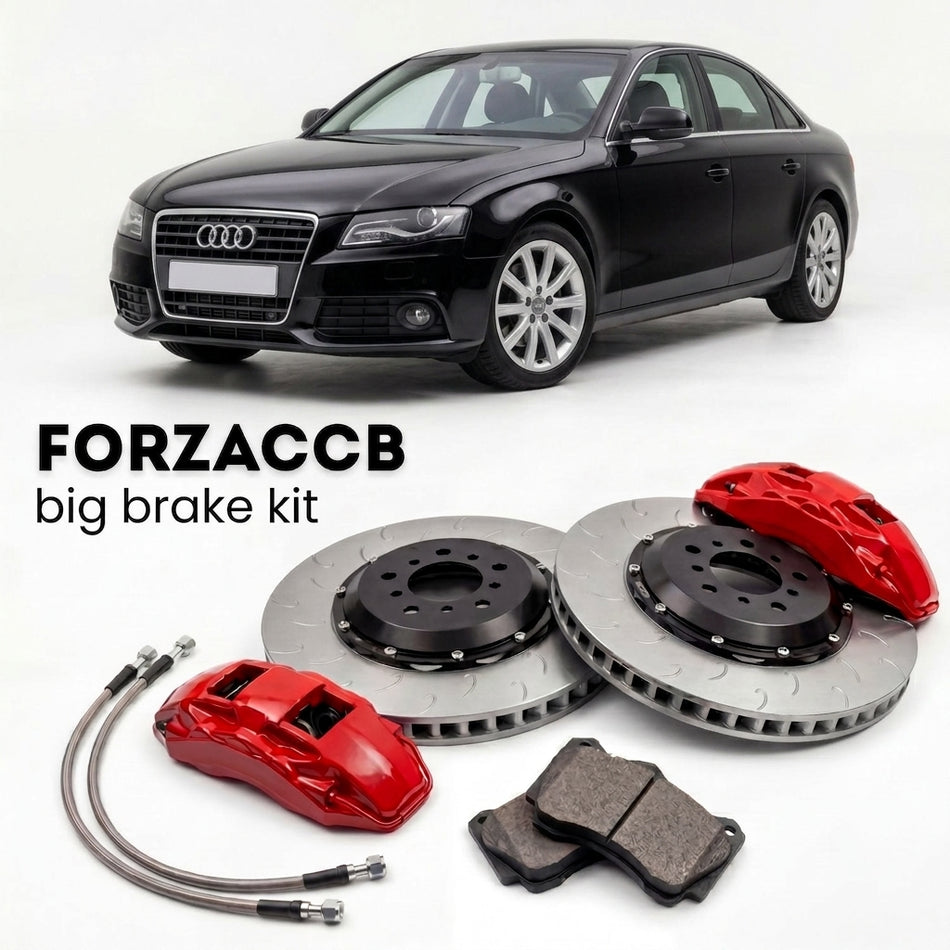 Black Audi A4 B8 (2007-2015) shown above a ForzaCCB iron rotor big brake kit with 2x red 6-piston front calipers, 2x two-piece floating ventilated brake discs 380 mm, set of brake pads, and brake lines.