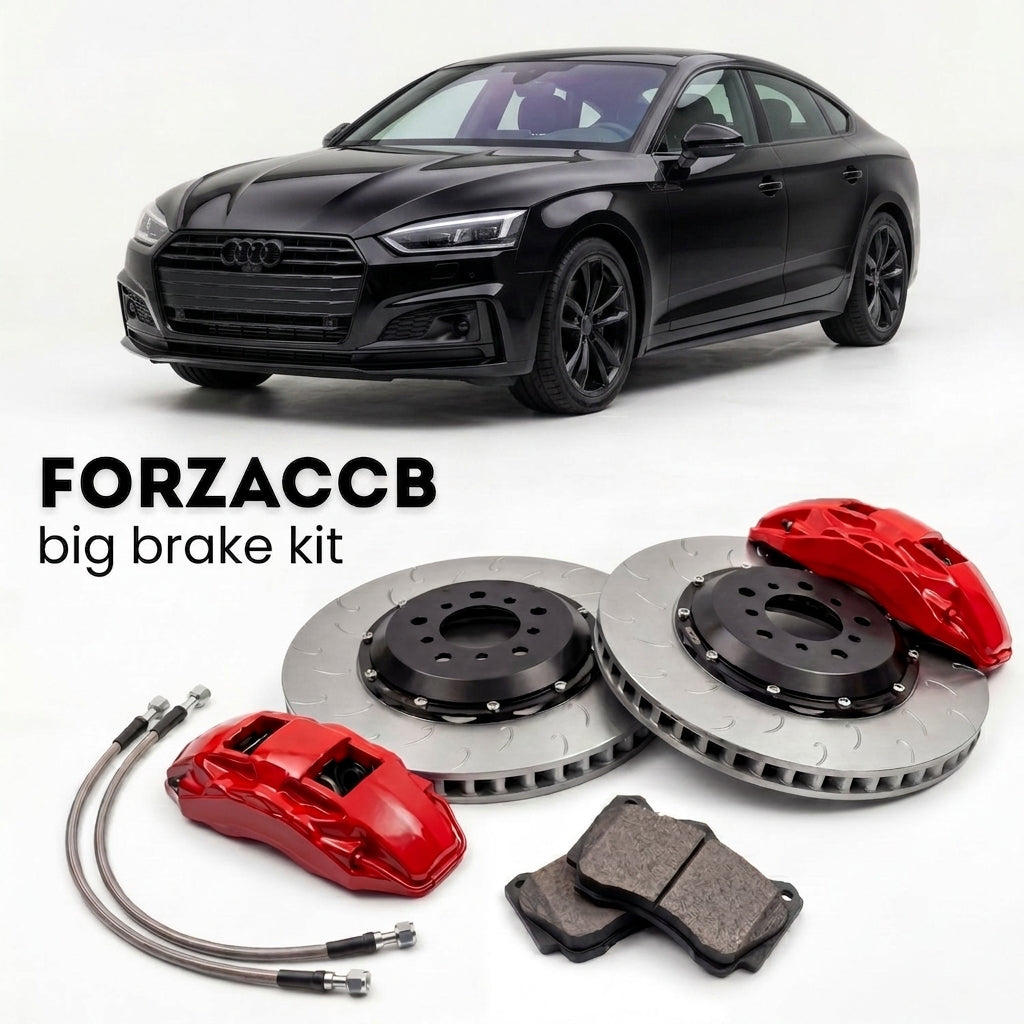 Black Audi A5 Sportback F5 (2016-2024) shown above a ForzaCCB iron rotor big brake kit with 2x red 6-piston front calipers, 2x two-piece floating ventilated brake discs 380 mm, set of brake pads, and brake lines.