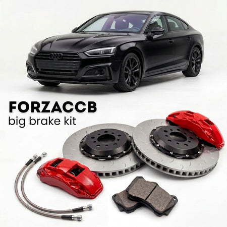 Black Audi A5 Sportback F5 (2016-2024) shown above a ForzaCCB iron rotor big brake kit with 2x red 6-piston front calipers, 2x two-piece floating ventilated brake discs 380 mm, set of brake pads, and brake lines.