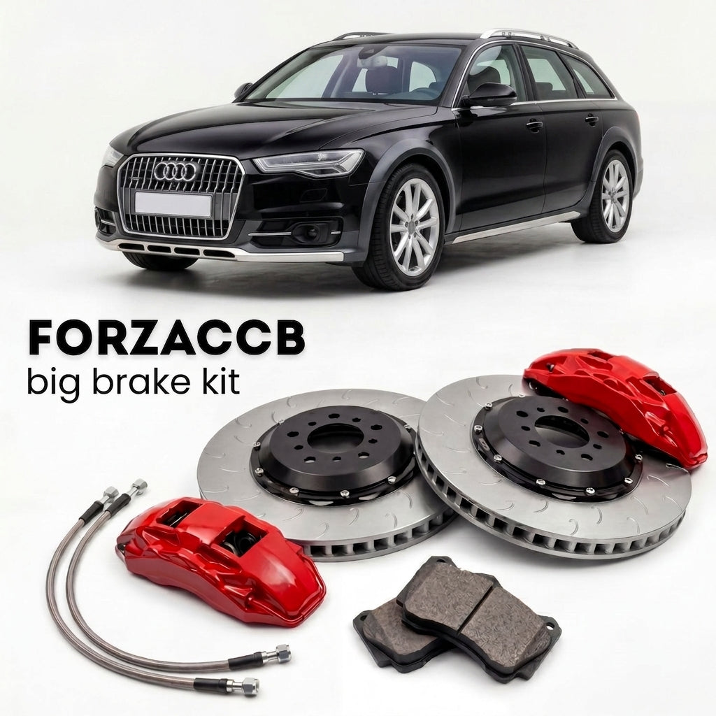 Black Audi A6 allroad quattro C7 (2012-2018) shown above a ForzaCCB iron rotor big brake kit with 2x red 6-piston front calipers, 2x two-piece floating ventilated brake discs 380 mm, set of brake pads, and brake lines.