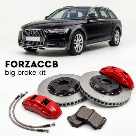 Black Audi A6 allroad quattro C7 (2012-2018) shown above a ForzaCCB iron rotor big brake kit with 2x red 6-piston front calipers, 2x two-piece floating ventilated brake discs 380 mm, set of brake pads, and brake lines.