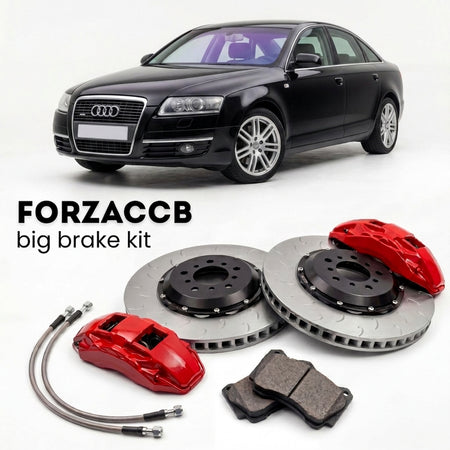 Black Audi A6 C6 (2004-2011) shown above a ForzaCCB iron rotor big brake kit with 2x red 6-piston front calipers, 2x two-piece floating ventilated brake discs 380 mm, set of brake pads, and brake lines.