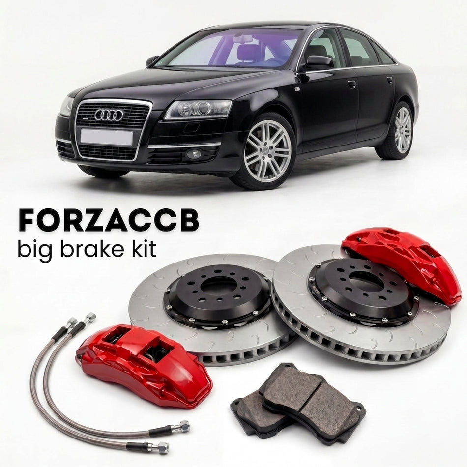 Black Audi A6 C6 (2004-2011) shown above a ForzaCCB iron rotor big brake kit with 2x red 6-piston front calipers, 2x two-piece floating ventilated brake discs 380 mm, set of brake pads, and brake lines.
