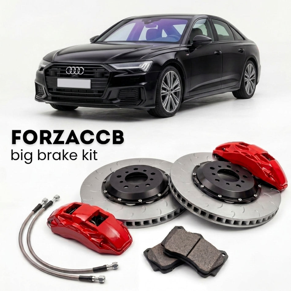 Black Audi A6 C8 (2018-2025) shown above a ForzaCCB iron rotor big brake kit with 2x red 6-piston front calipers, 2x two-piece floating ventilated brake discs 380 mm, set of brake pads, and brake lines.
