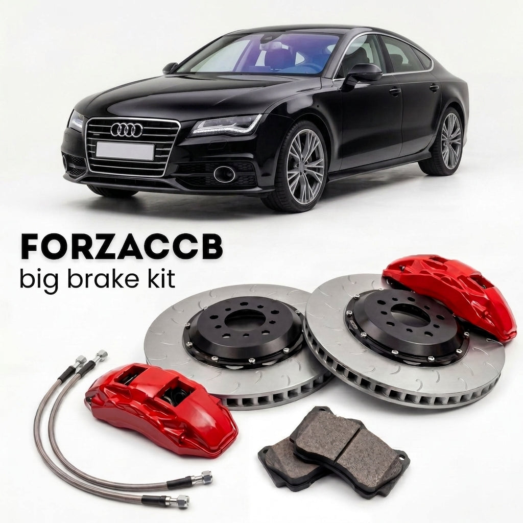 Black Audi A7 Sportback 4G8 (2010-2018) shown above a ForzaCCB iron rotor big brake kit with 2x red 6-piston front calipers, 2x two-piece floating ventilated brake discs 380 mm, set of brake pads, and brake lines.