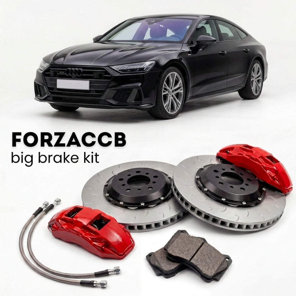 Black Audi A7 Sportback 4K8 (2018+) shown above a ForzaCCB iron rotor big brake kit with 2x red 6-piston front calipers, 2x two-piece floating ventilated brake discs 380 mm, set of brake pads, and brake lines.