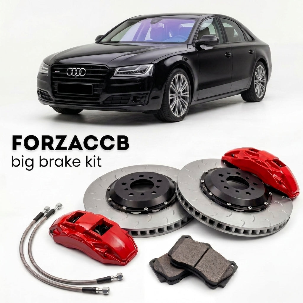 Black Audi A8 D4 (2010-2017) shown above a ForzaCCB iron rotor big brake kit with 2x red 6-piston front calipers, 2x two-piece floating ventilated brake discs 380 mm, set of brake pads, and brake lines.
