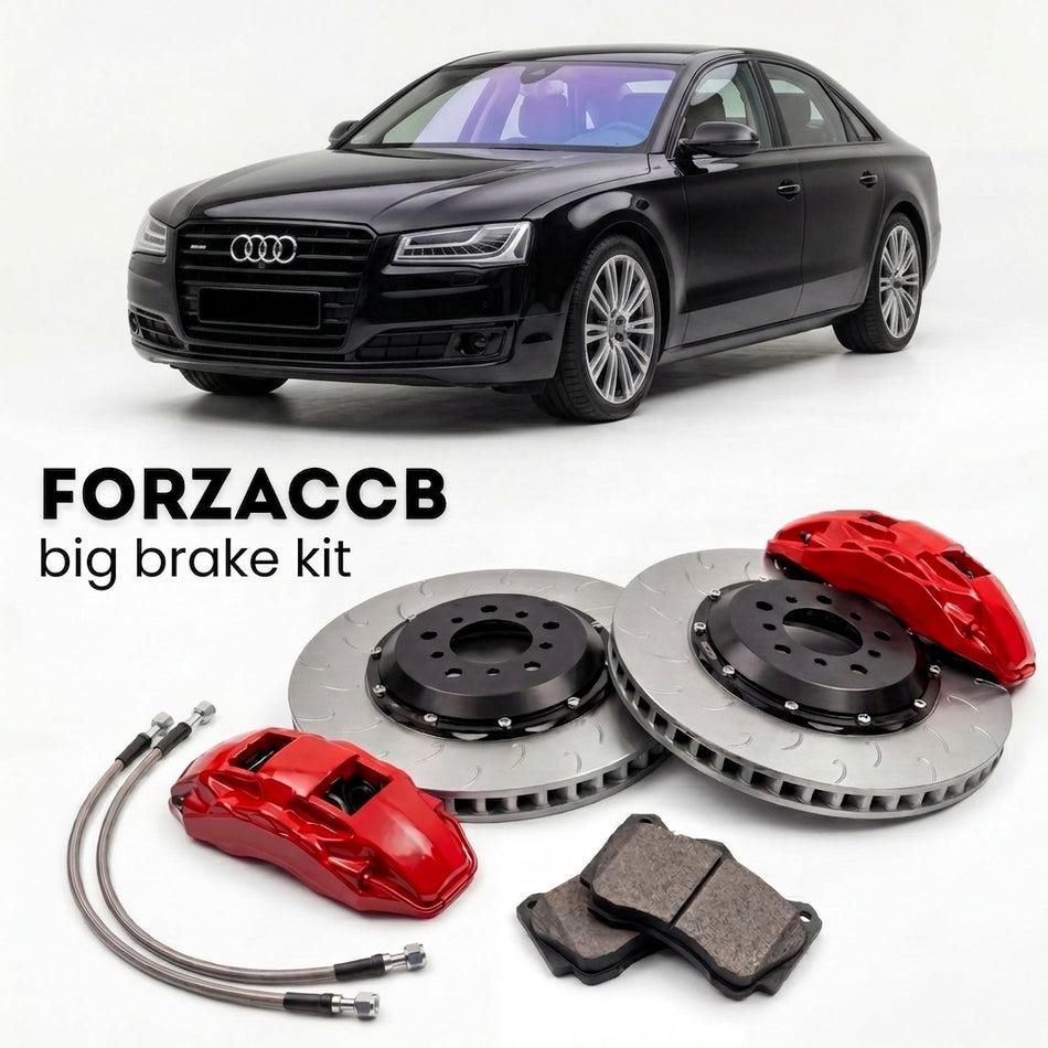 Black Audi A8 D4 (2010-2017) shown above a ForzaCCB iron rotor big brake kit with 2x red 6-piston front calipers, 2x two-piece floating ventilated brake discs 380 mm, set of brake pads, and brake lines.