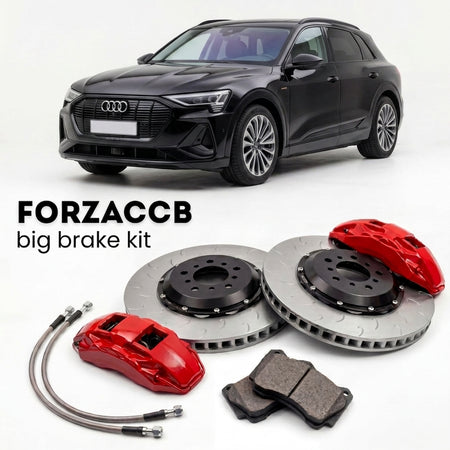 Black Audi e-tron GE (2018-2022) shown above a ForzaCCB iron rotor big brake kit with 2x red 6-piston front calipers, 2x two-piece floating ventilated brake discs 380 mm, set of brake pads, and brake lines.