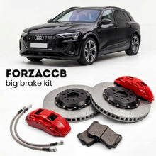 Black Audi e-tron S GE (2020-2022) shown above a ForzaCCB iron rotor big brake kit with 2x red 6-piston front calipers, 2x two-piece floating ventilated brake discs 380 mm, set of brake pads, and brake lines.