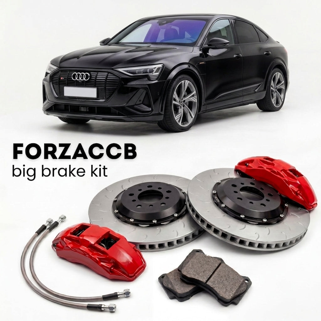 Black Audi e-tron S Sportback GE (2020-2022) shown above a ForzaCCB iron rotor big brake kit with 2x red 6-piston front calipers, 2x two-piece floating ventilated brake discs 380 mm, set of brake pads, and brake lines.