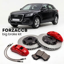Black Audi Q2 GA (2017+) shown above a ForzaCCB iron rotor big brake kit with 2x red 6-piston front calipers, 2x two-piece floating ventilated brake discs 380 mm, set of brake pads, and brake lines.