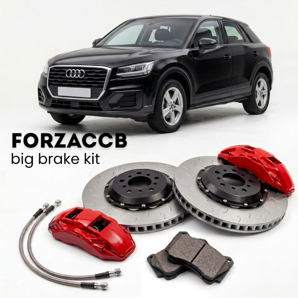Black Audi Q2 GA (2017+) shown above a ForzaCCB iron rotor big brake kit with 2x red 6-piston front calipers, 2x two-piece floating ventilated brake discs 380 mm, set of brake pads, and brake lines.