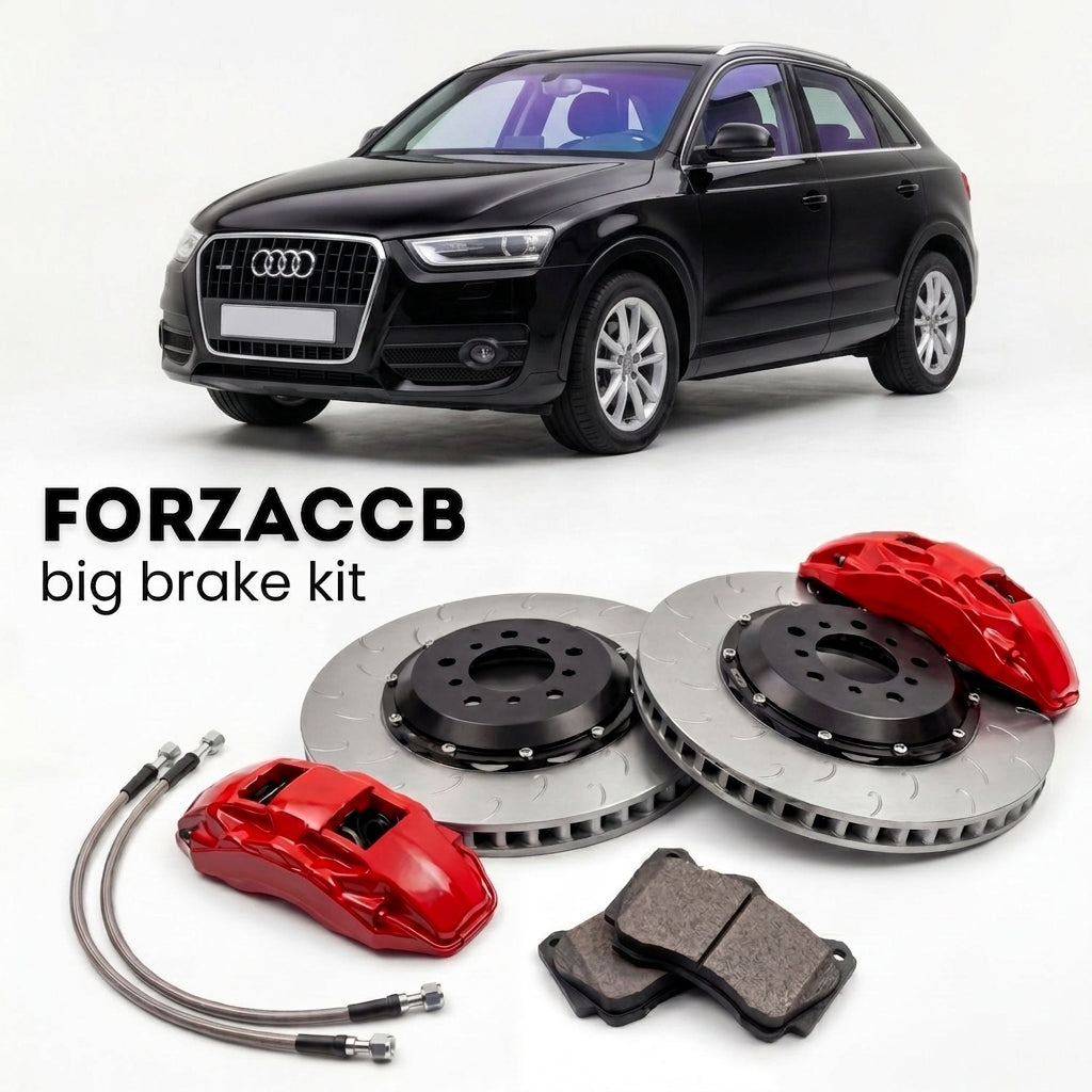 Black Audi Q3 8U (2011-2018) shown above a ForzaCCB iron rotor big brake kit with 2x red 6-piston front calipers, 2x two-piece floating ventilated brake discs 380 mm, set of brake pads, and brake lines.