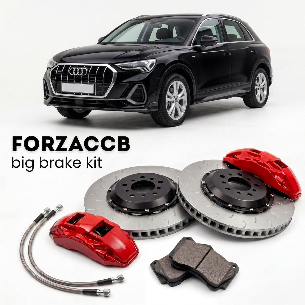 Black Audi Q3 FJ (2025+) shown above a ForzaCCB iron rotor big brake kit with 2x red 6-piston front calipers, 2x two-piece floating ventilated brake discs 380 mm, set of brake pads, and brake lines.
