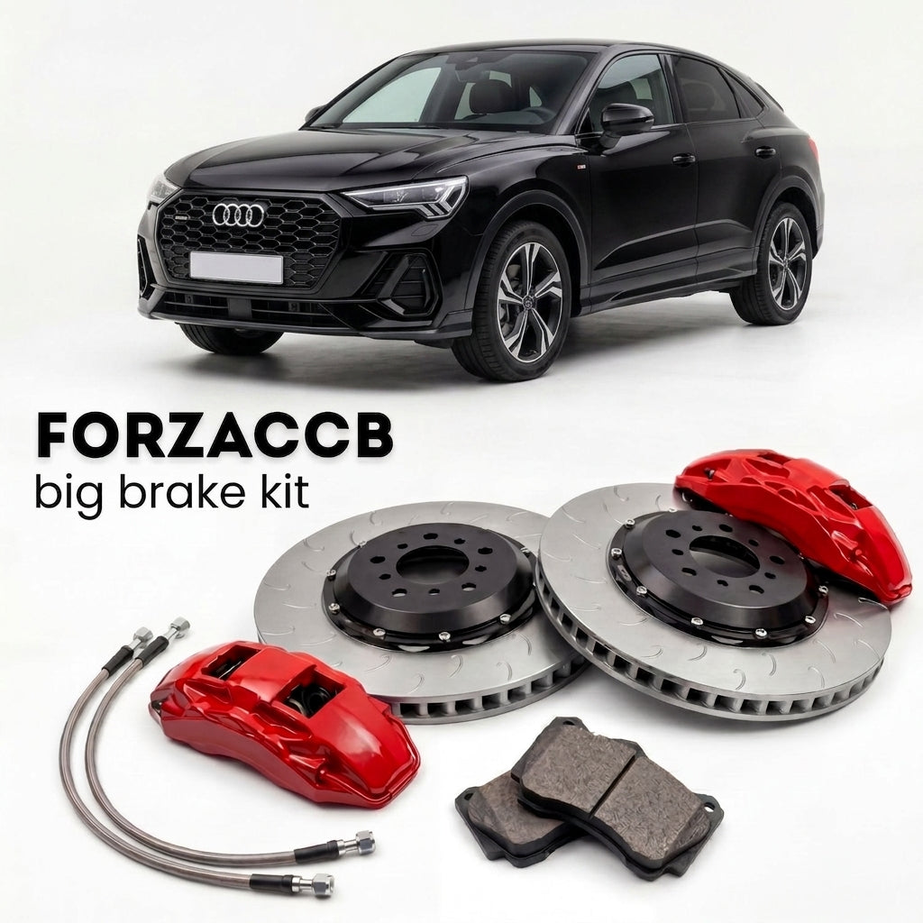 Black Audi Q3 Sportback F3 (2019-2025) shown above a ForzaCCB iron rotor big brake kit with 2x red 6-piston front calipers, 2x two-piece floating ventilated brake discs 380 mm, set of brake pads, and brake lines.