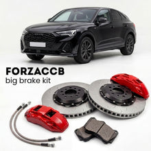 Black Audi Q3 Sportback FJ (2025+) shown above a ForzaCCB iron rotor big brake kit with 2x red 6-piston front calipers, 2x two-piece floating ventilated brake discs 380 mm, set of brake pads, and brake lines.