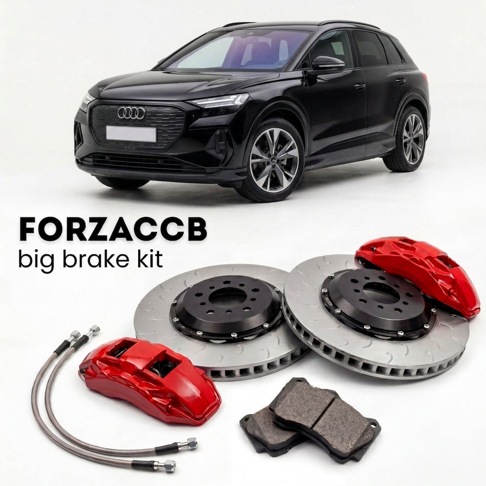 Black Audi Q4 e-tron F4 (2021+) shown above a ForzaCCB iron rotor big brake kit with 2x red 6-piston front calipers, 2x two-piece floating ventilated brake discs 380 mm, set of brake pads, and brake lines.