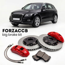 Black Audi Q5 8R (2008-2017) shown above a ForzaCCB iron rotor big brake kit with 2x red 6-piston front calipers, 2x two-piece floating ventilated brake discs 380 mm, set of brake pads, and brake lines.
