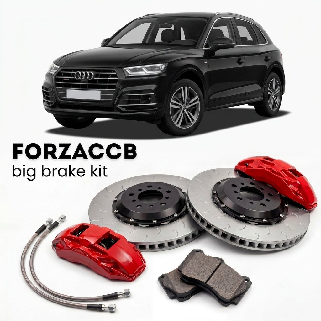 Black Audi Q5 FY (2016-2024) shown above a ForzaCCB iron rotor big brake kit with 2x red 6-piston front calipers, 2x two-piece floating ventilated brake discs 380 mm, set of brake pads, and brake lines.
