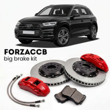 Black Audi Q5 FY (2016-2024) shown above a ForzaCCB iron rotor big brake kit with 2x red 6-piston front calipers, 2x two-piece floating ventilated brake discs 380 mm, set of brake pads, and brake lines.