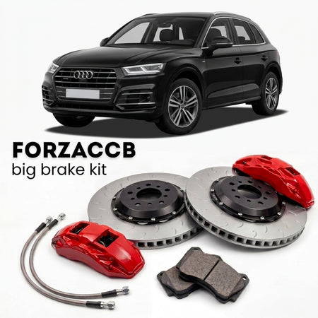 Black Audi Q5 FY (2016-2024) shown above a ForzaCCB iron rotor big brake kit with 2x red 6-piston front calipers, 2x two-piece floating ventilated brake discs 380 mm, set of brake pads, and brake lines.