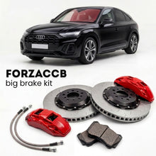 Black Audi Q5 Sportback GU (2024+) shown above a ForzaCCB iron rotor big brake kit with 2x red 6-piston front calipers, 2x two-piece floating ventilated brake discs 380 mm, set of brake pads, and brake lines.