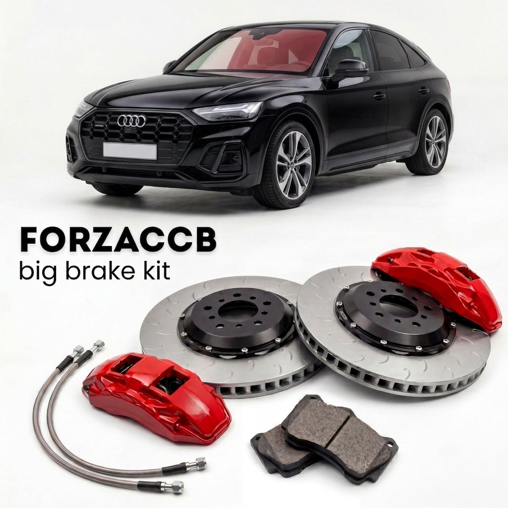 Black Audi Q5 Sportback GU (2024+) shown above a ForzaCCB iron rotor big brake kit with 2x red 6-piston front calipers, 2x two-piece floating ventilated brake discs 380 mm, set of brake pads, and brake lines.