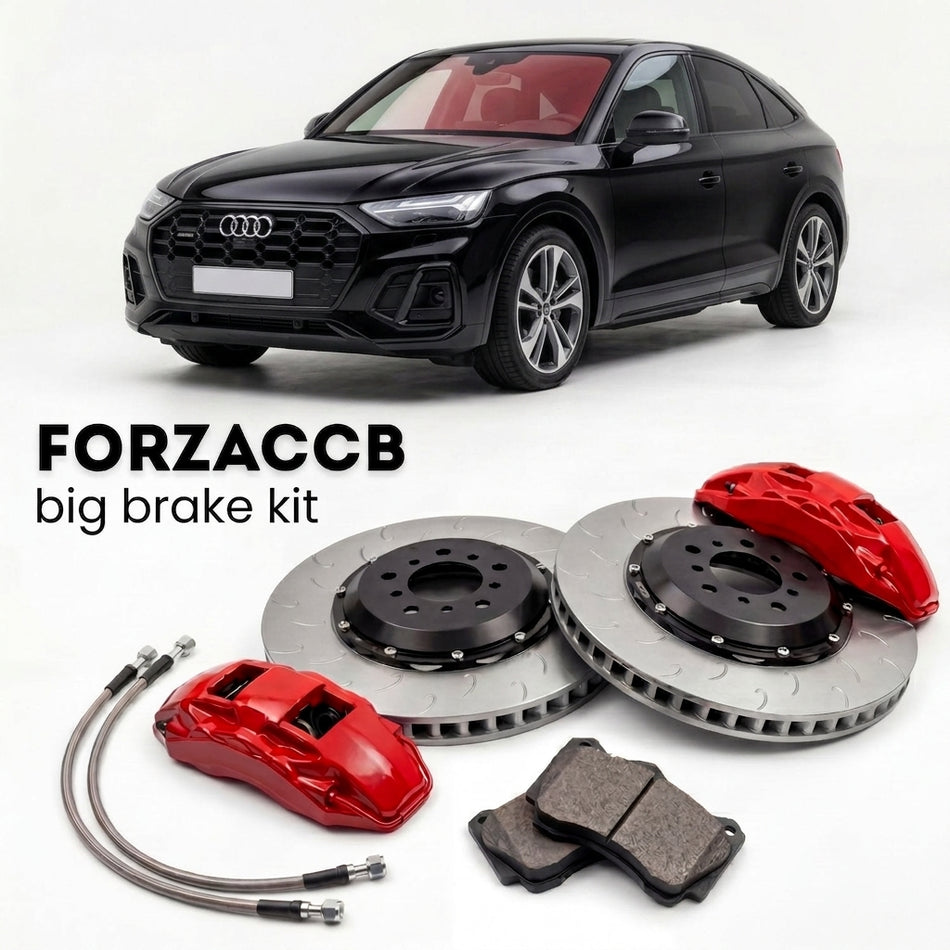 Black Audi Q5 Sportback GU (2024+) shown above a ForzaCCB iron rotor big brake kit with 2x red 6-piston front calipers, 2x two-piece floating ventilated brake discs 380 mm, set of brake pads, and brake lines.