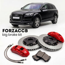 Black Audi Q7 4L (2005-2015) shown above a ForzaCCB iron rotor big brake kit with 2x red 6-piston front calipers, 2x two-piece floating ventilated brake discs 380 mm, set of brake pads, and brake lines.