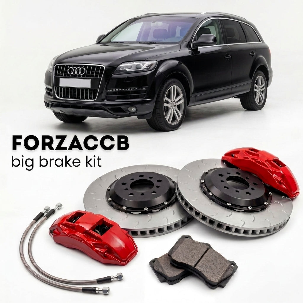 Black Audi Q7 4L (2005-2015) shown above a ForzaCCB iron rotor big brake kit with 2x red 6-piston front calipers, 2x two-piece floating ventilated brake discs 380 mm, set of brake pads, and brake lines.
